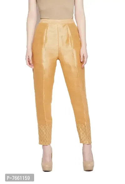 Women Solid Light Gold Mid Rise Shiny Pants